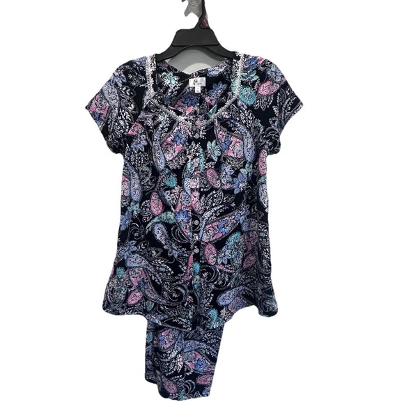 New Aria Women's 100%‎ cotton Black short sleeve capri Pajamas Set size S (4-6) - Picture 4 of 16